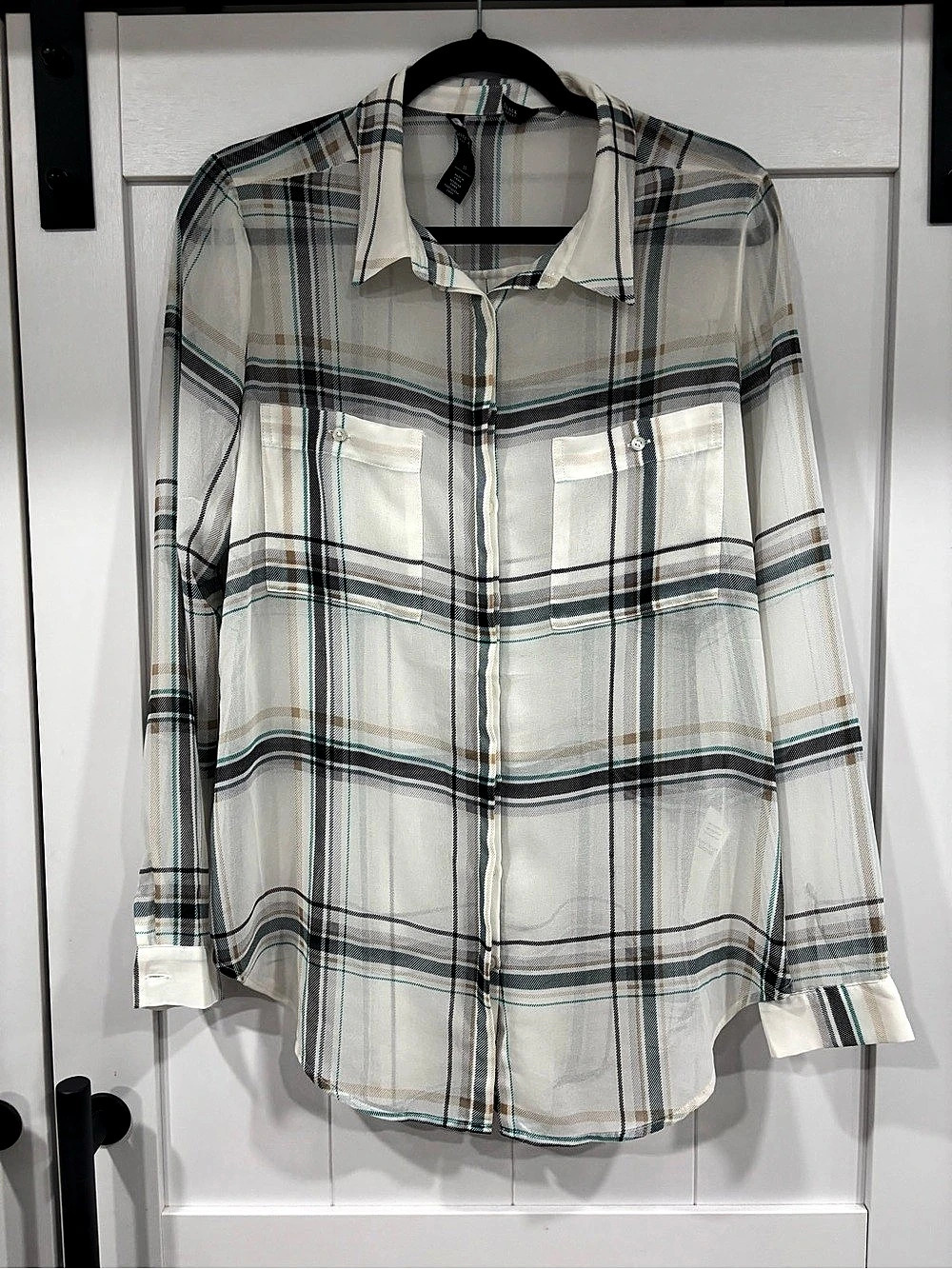 White House Black Market Plaid Soft Shirt White & Black Size 10